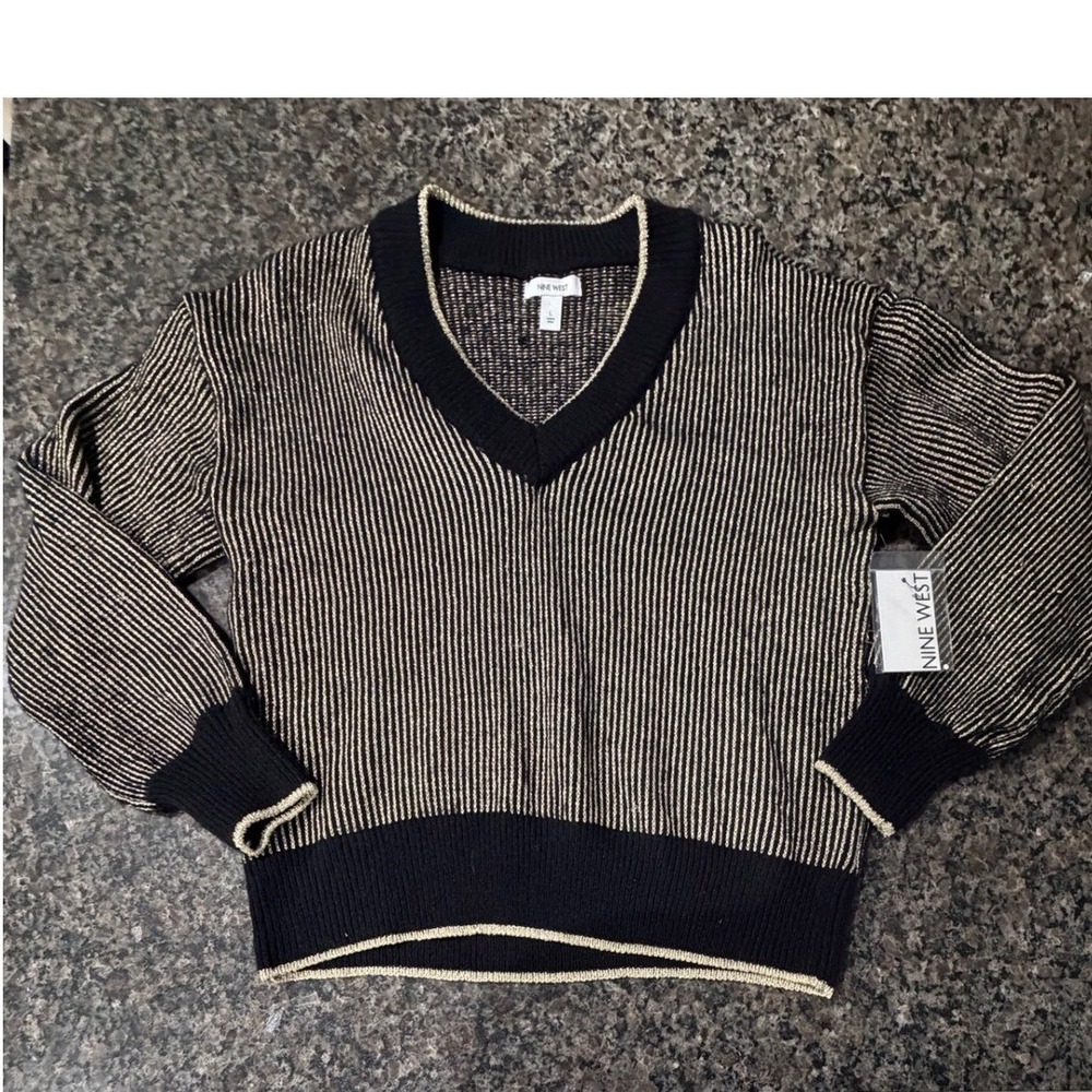 Nine West Womens V-Neck Metallic Stripe Sweater Black Gold Large NWT